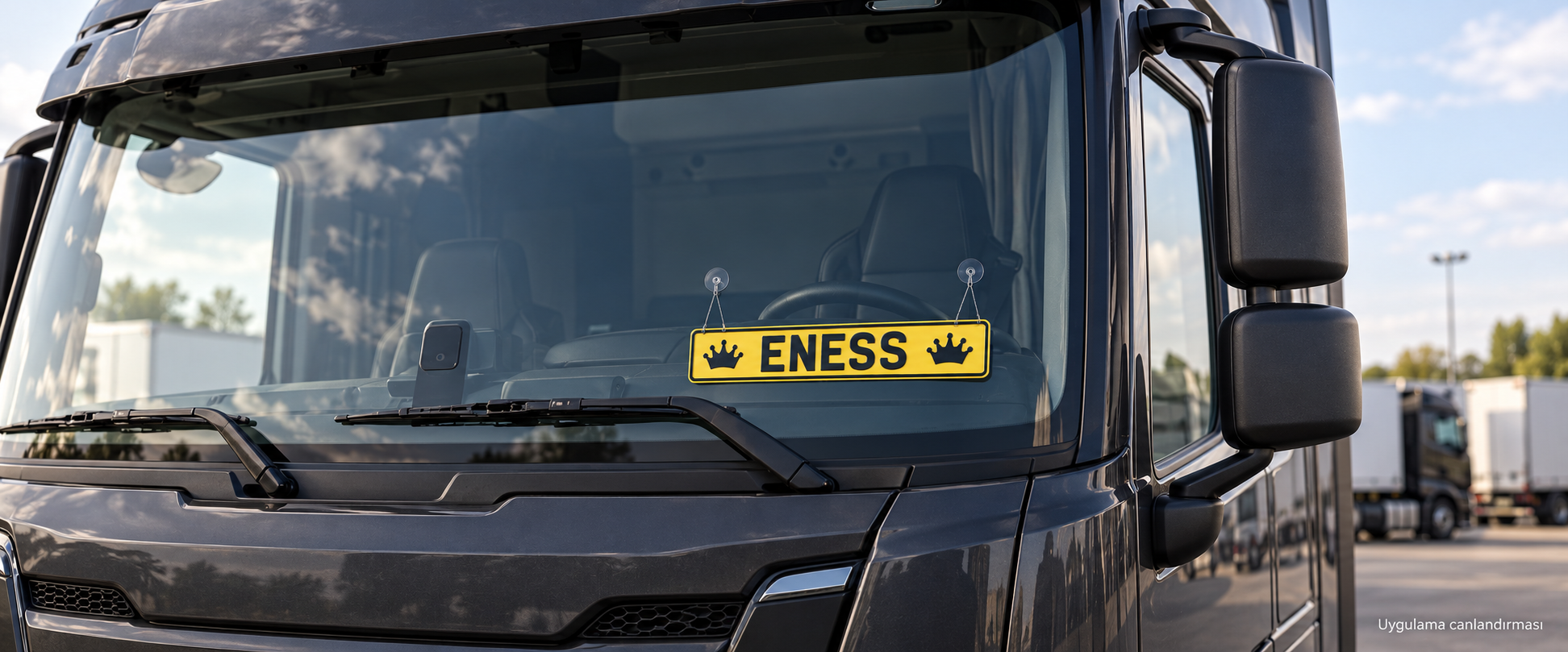 ENESS sarı dekor plaka – kamyon camında uygulama canlandırması