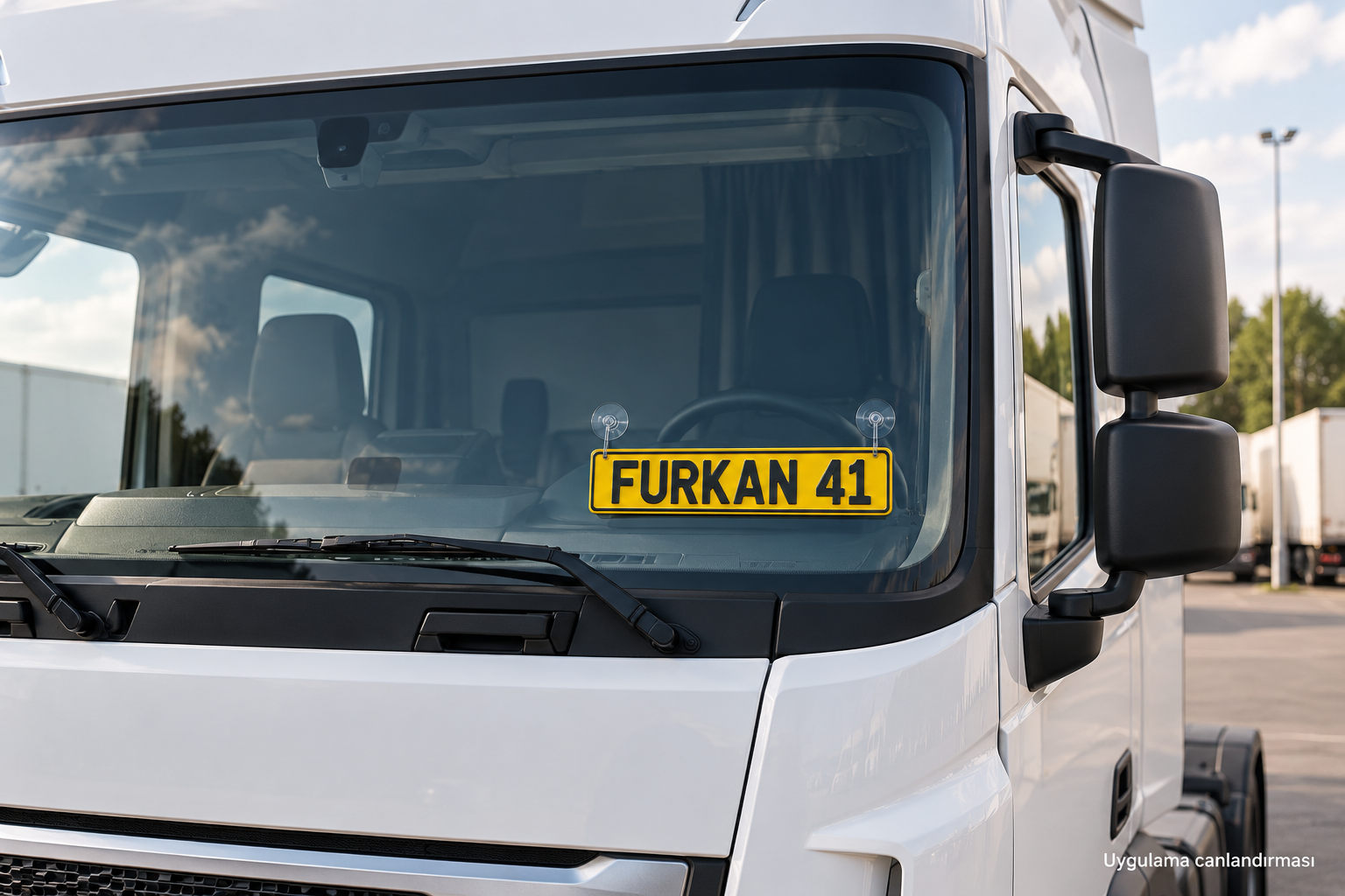 FURKAN 41 sarı dekor plaka – kamyon camında uygulama canlandırması