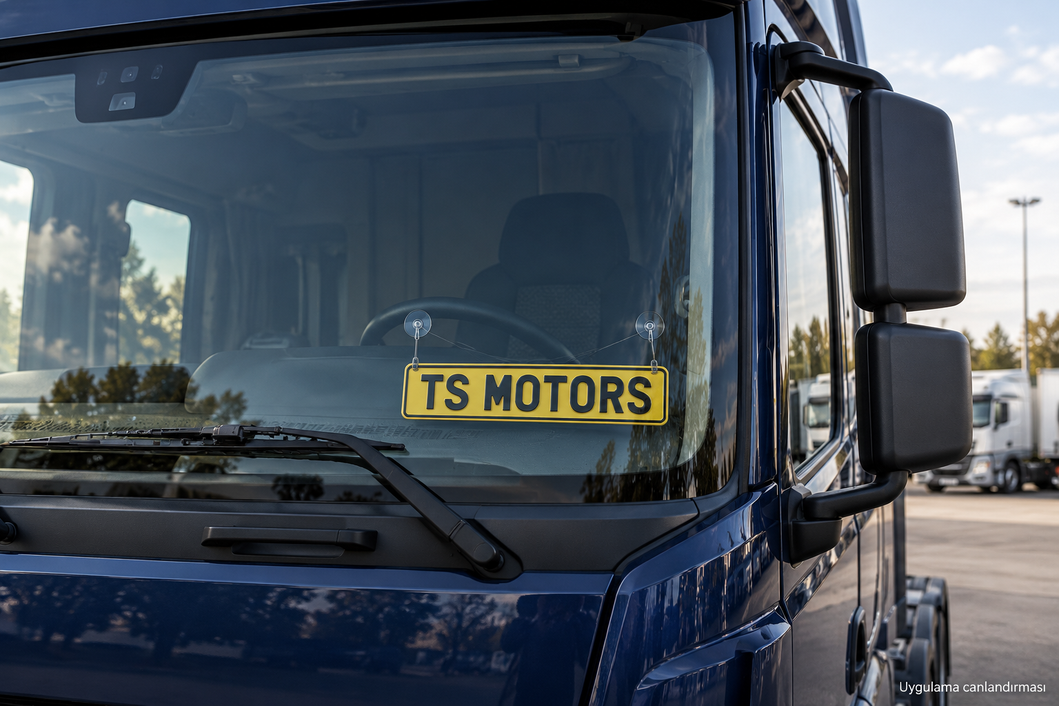 TS MOTORS sarı dekor plaka – kamyon camında uygulama canlandırması